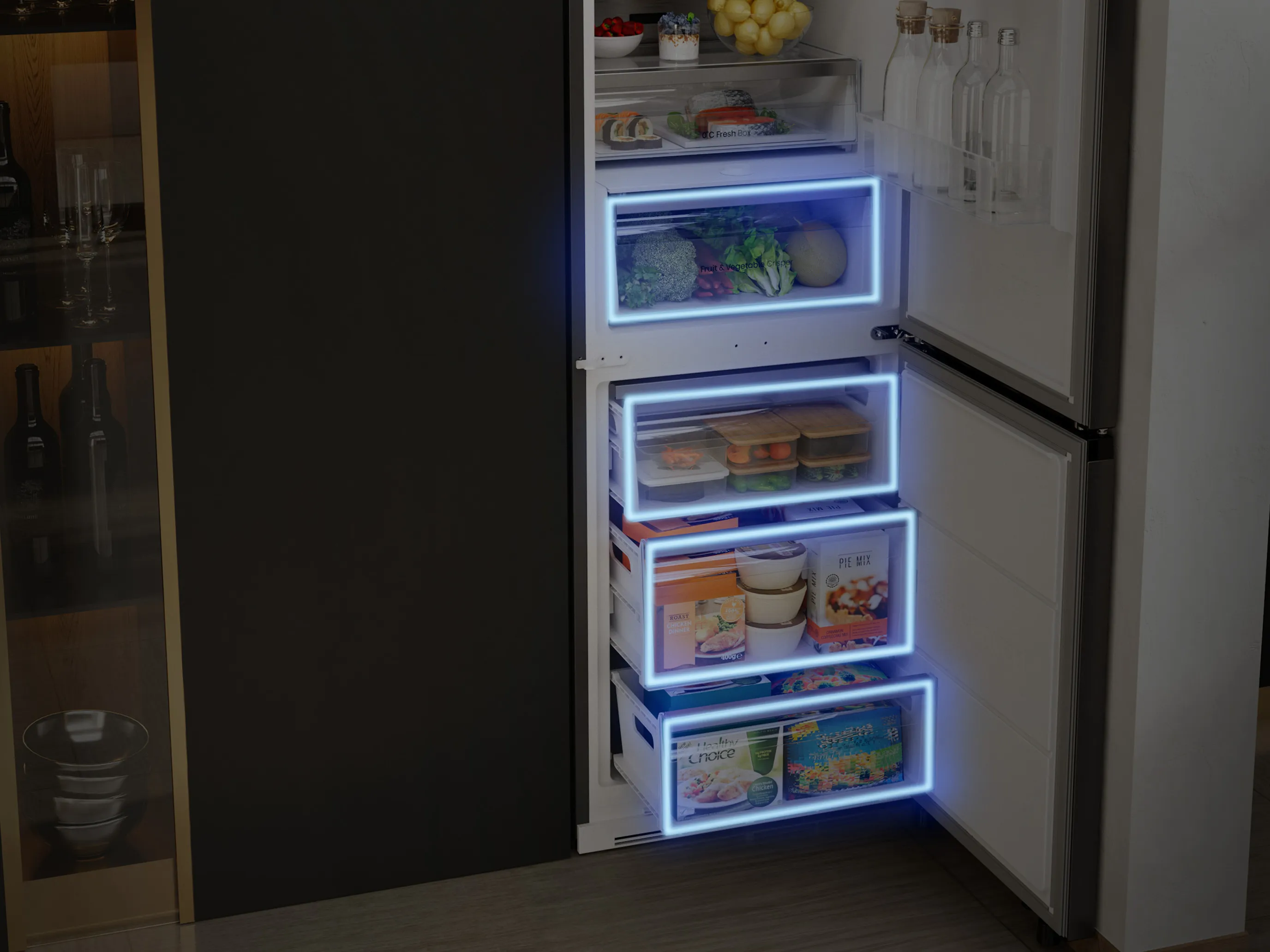 Big Crisper Drawer for Fresh Veggies.